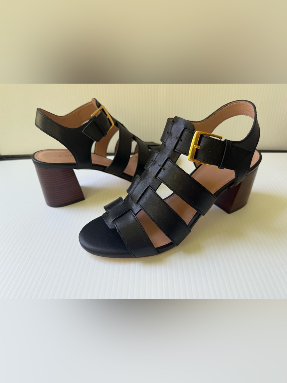 Cole Haan Women’s Black Leather Strappy Block Heel Sandals Size 8.5B